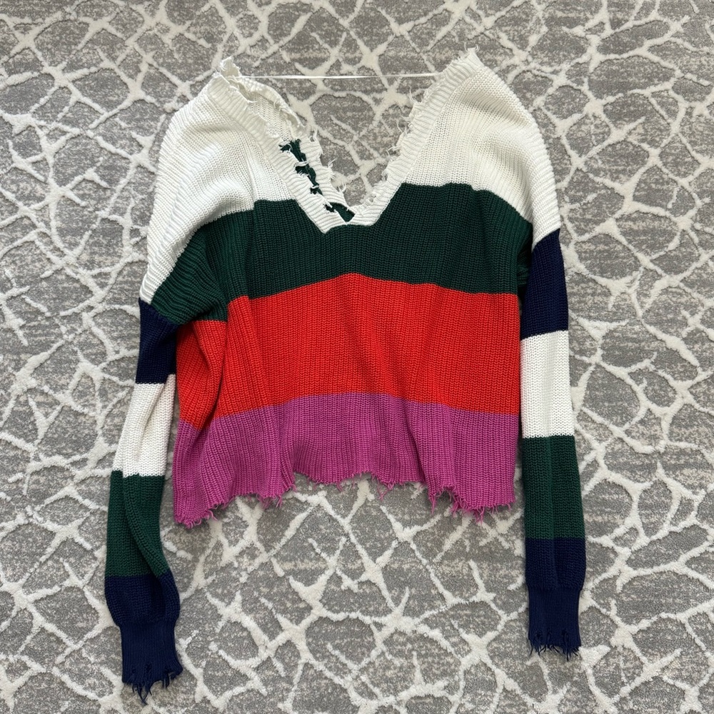 Fate Colorful Striped Distressed Raw Hem Sweater